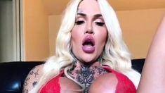 Sexy Shemale With Big Tits Jerking Her Huge Cock Off