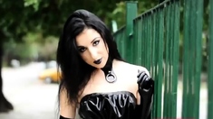Ultra sexy goth girl wearing black lipstick in public