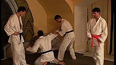 A pack of lusty guys practice karate and end up in a blazing gay orgy