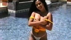 Exotic brunette Janice sensually reveals her splendid ass by the pool