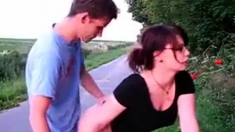 Busty Nerd GF pounded from behind outdoor